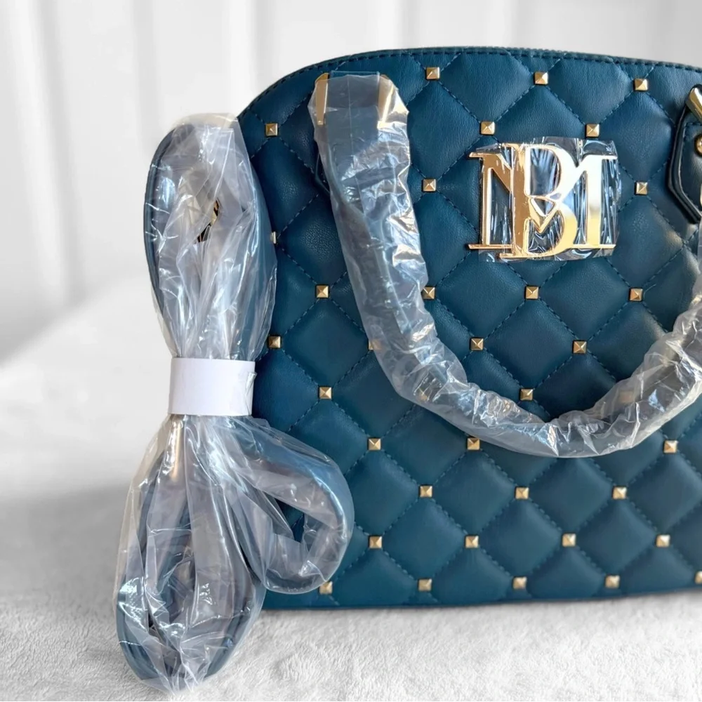 NWT Badgley Mischka Diamond Quilted Dome Satchel – Dark Green Teal Studded - Picture 10 of 14